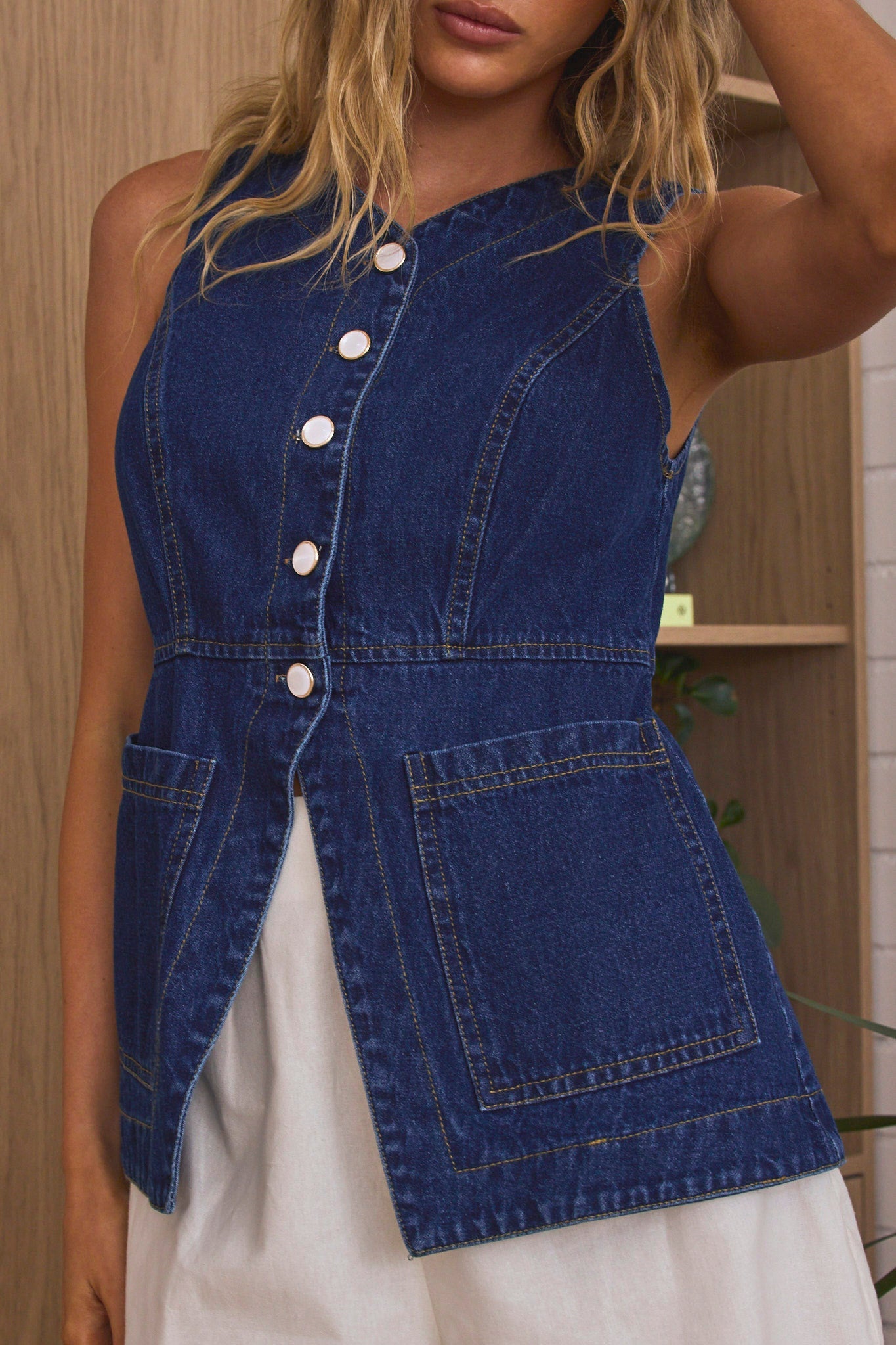 Philomena Button Front Vest Top Indigo