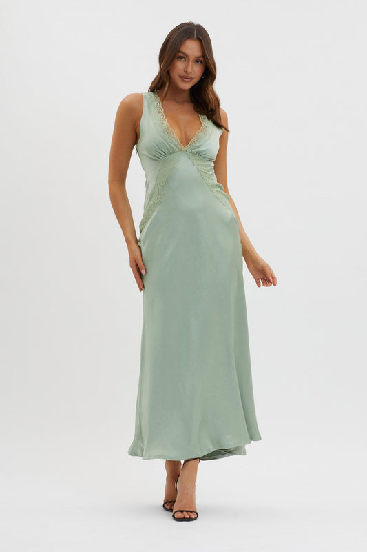 Ivonne Lace Trim V-Neck Maxi Dress Sage