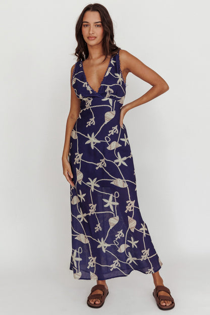 Miss Divine V-Neck Ocean Maxi Dress Blue