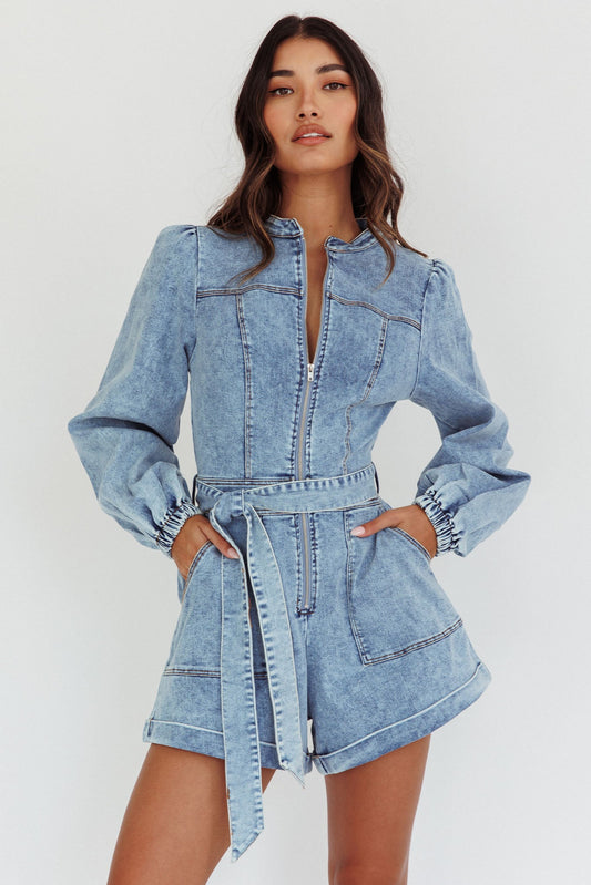 Real World Zip Front Romper Denim Blue