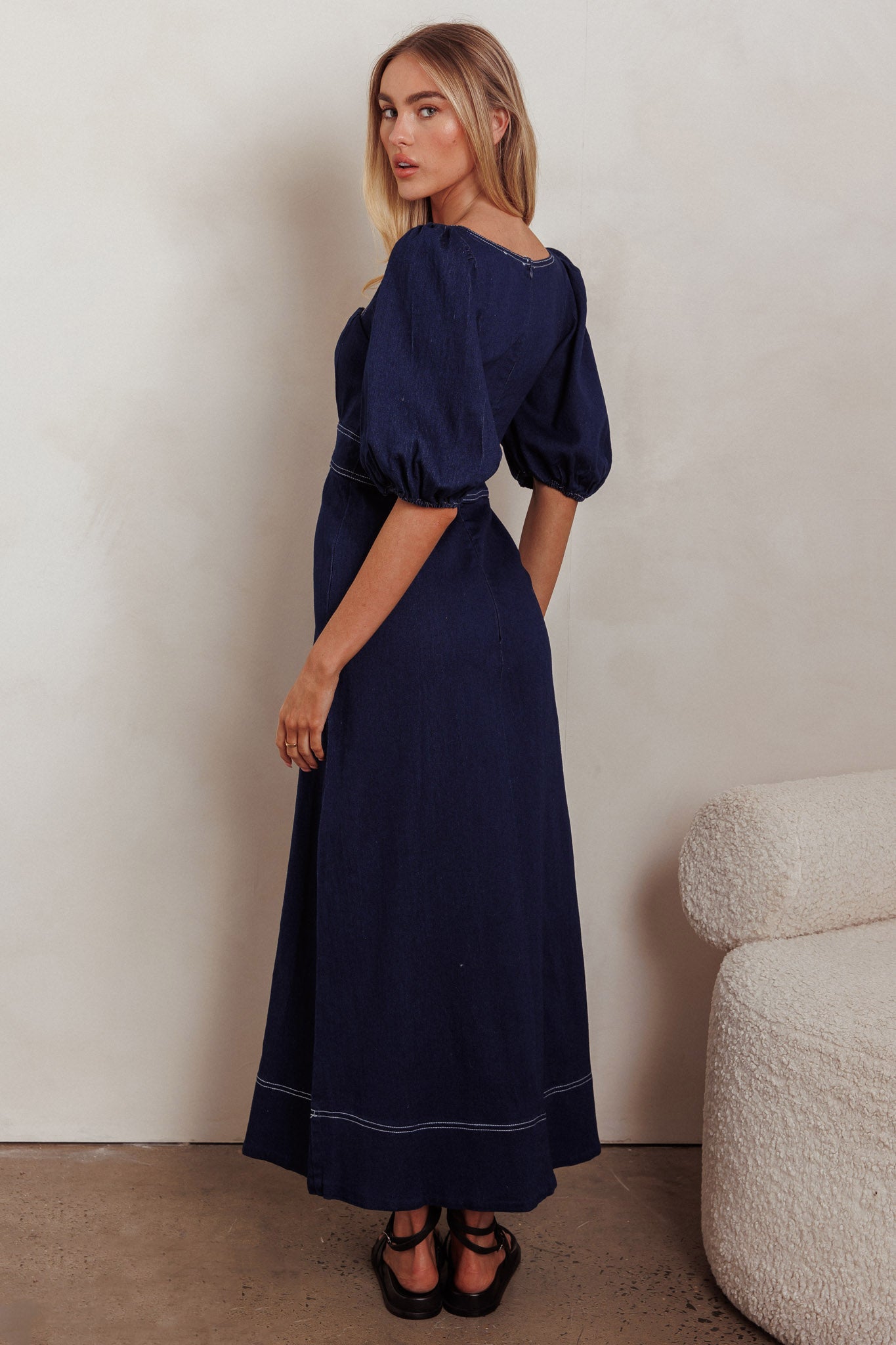 Sibille Puff Sleeve Maxi Dress Denim Indigo