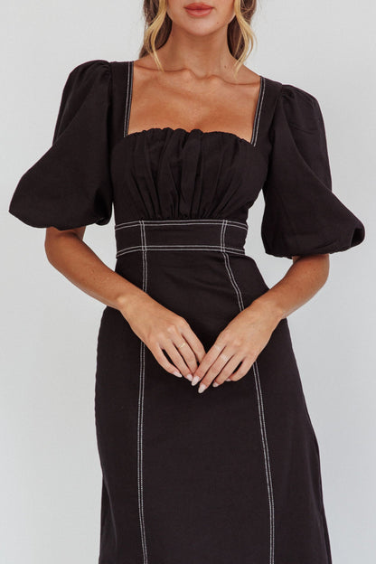 Sibille Puff Sleeve Contrast Stitch Dress Black