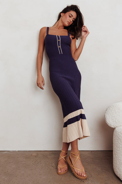Cayla Contrast Ribbed Knit Maxi Dress Navy