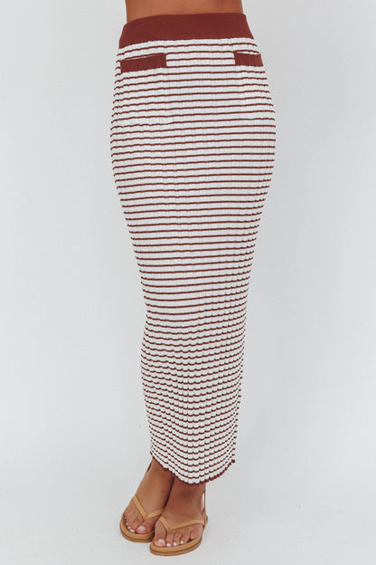 Solar Flare Knit Pocket Maxi Skirt Stripe Brown/Oat