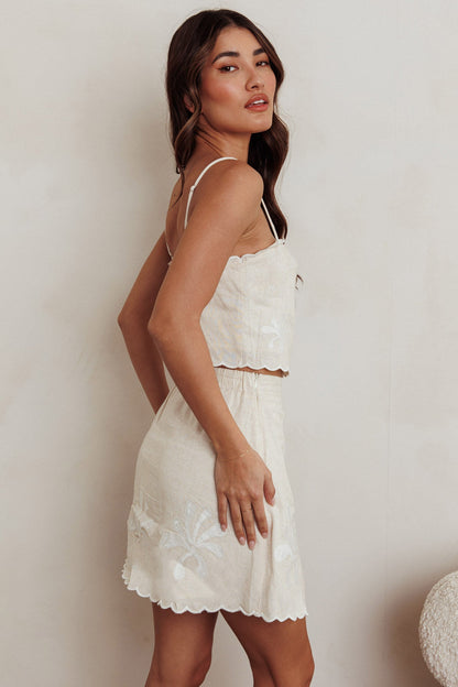 Carsyn Flower Embroidery A-Line Mini Skirt Oat