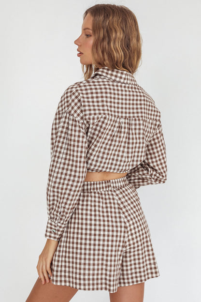 Weekends Away Elastic Waist Shorts Brown Check