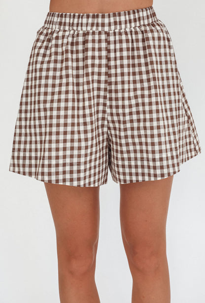 Weekends Away Elastic Waist Shorts Brown Check