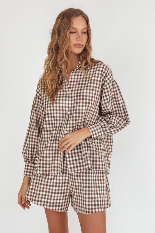 Weekends Away Long Sleeve Button Top Brown Check