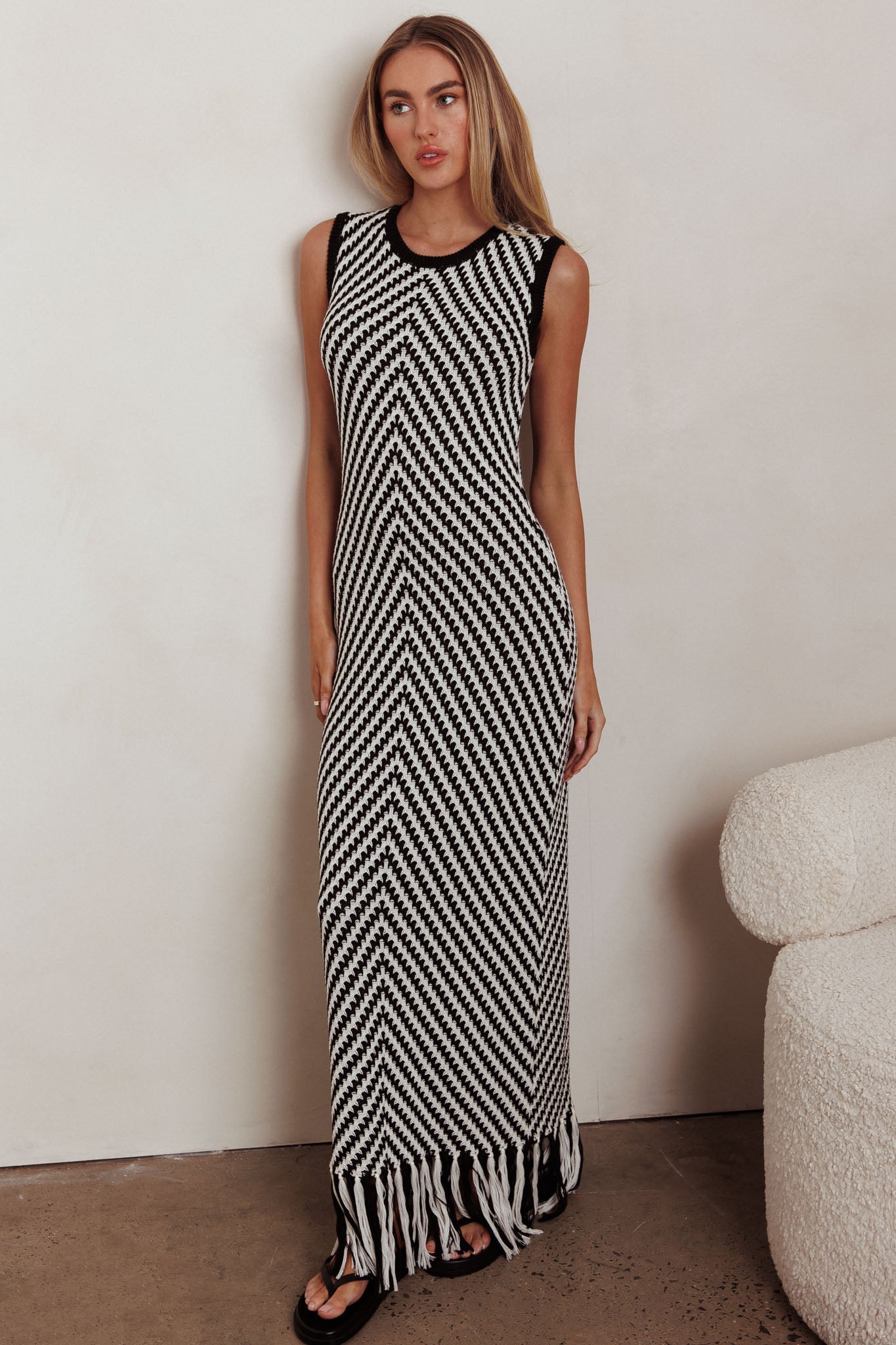 Same Place Fringed Knit Maxi Dress Black