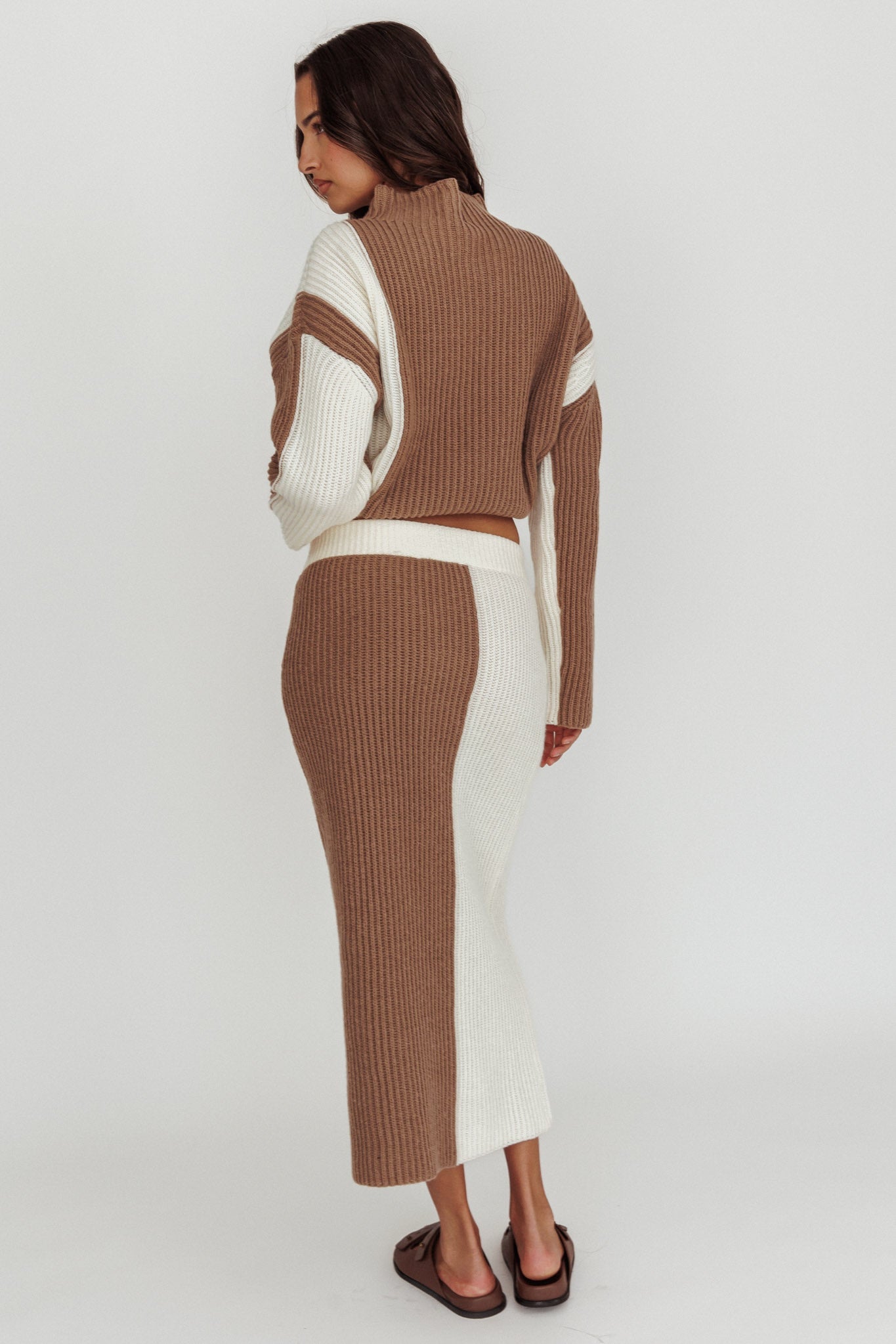 Eos Ribbed Knit Midi Skirt Mocha Cream