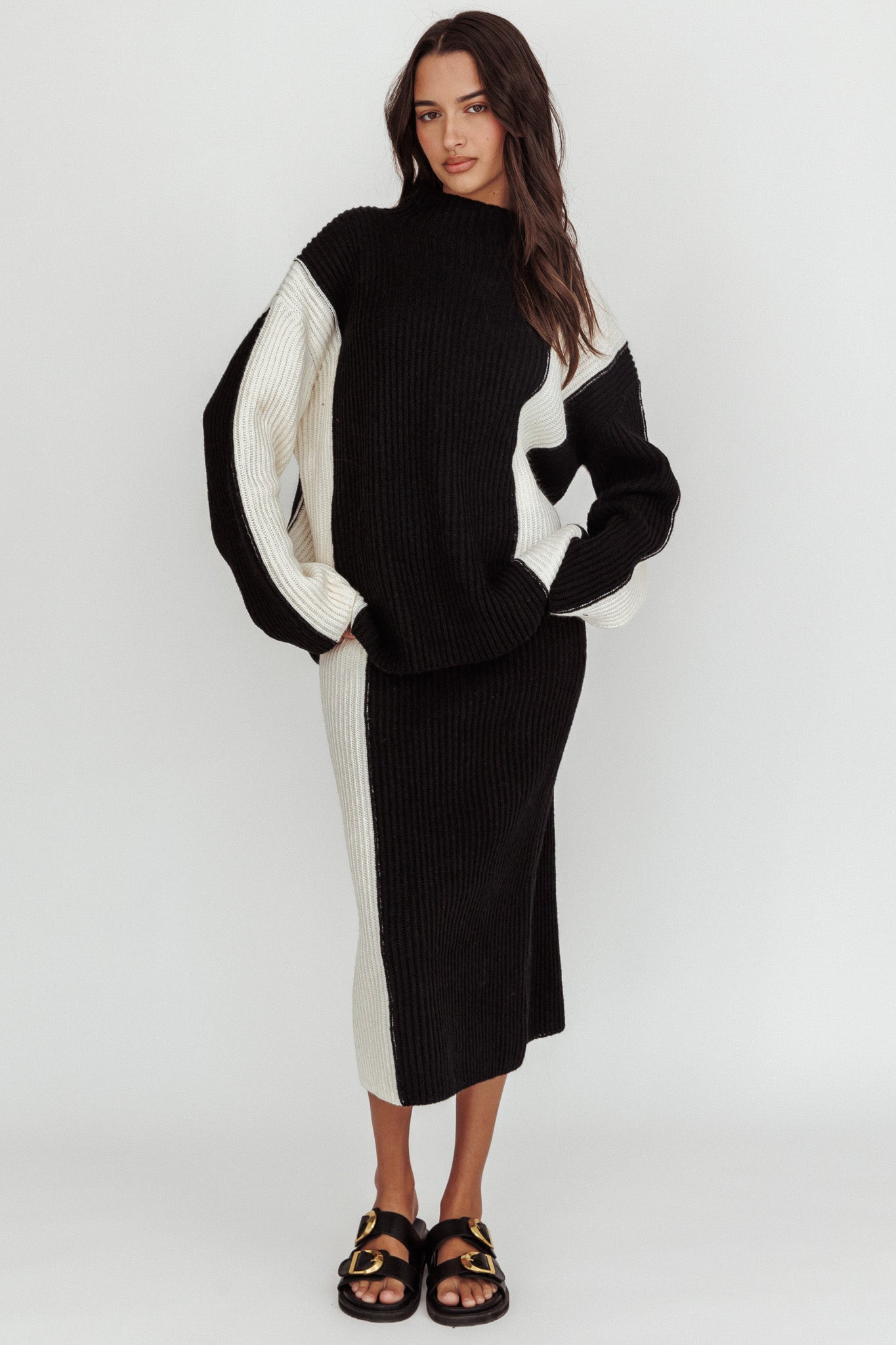 Eos Ribbed Mock Neck Knit Jumper Black Cream