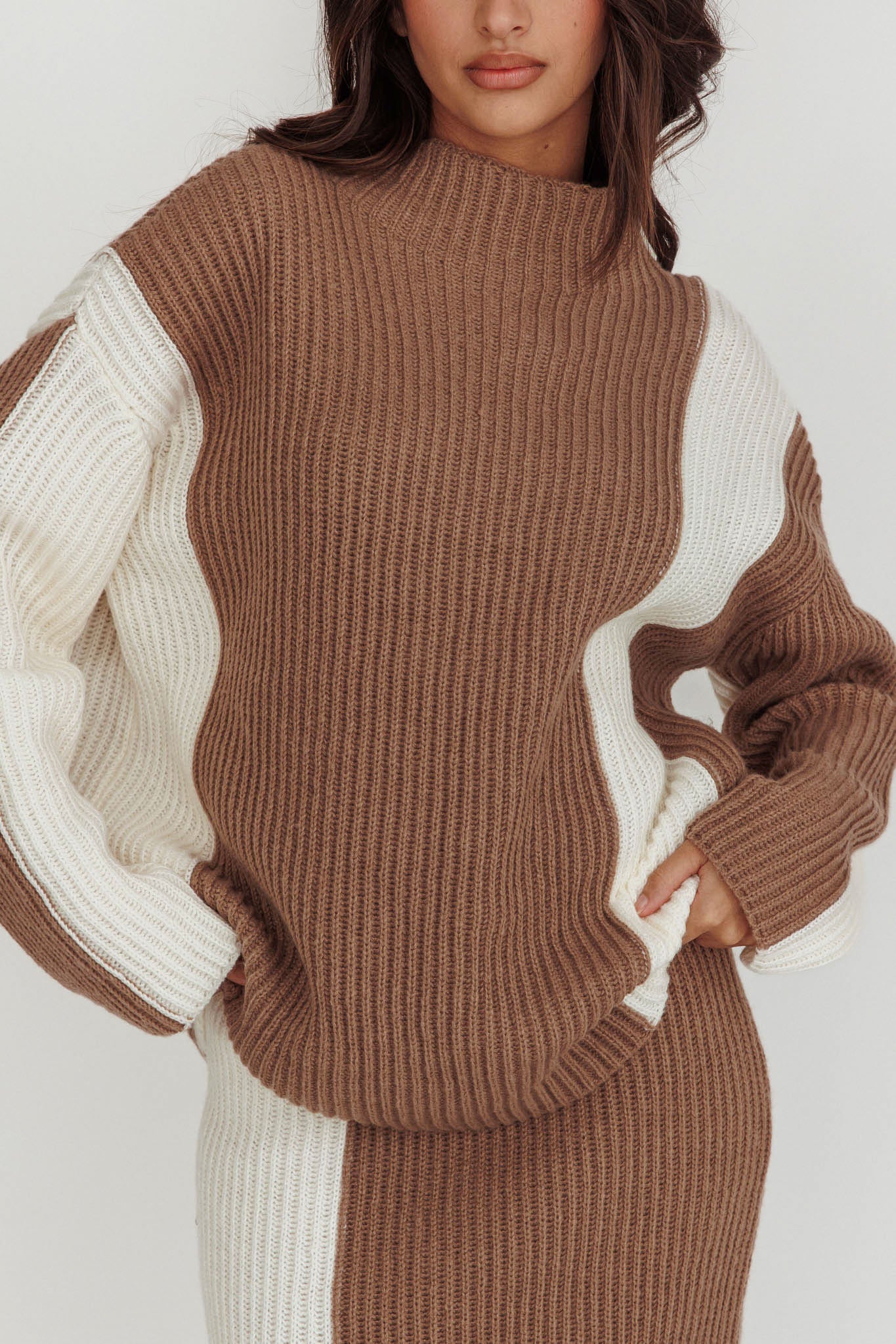 Eos Ribbed Mock Neck Knit Jumper Mocha Cream