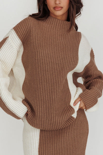 Eos Ribbed Mock Neck Knit Jumper Mocha Cream