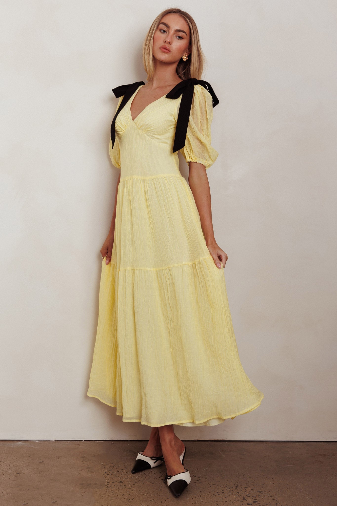 Sinta Bow Shoulder Puff Sleeve Maxi Dress Lemon