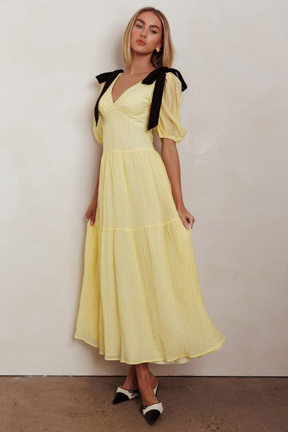 Sinta Bow Shoulder Puff Sleeve Maxi Dress Lemon