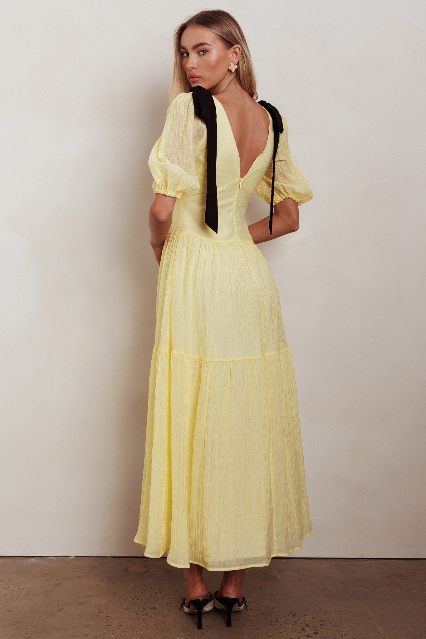Sinta Bow Shoulder Puff Sleeve Maxi Dress Lemon