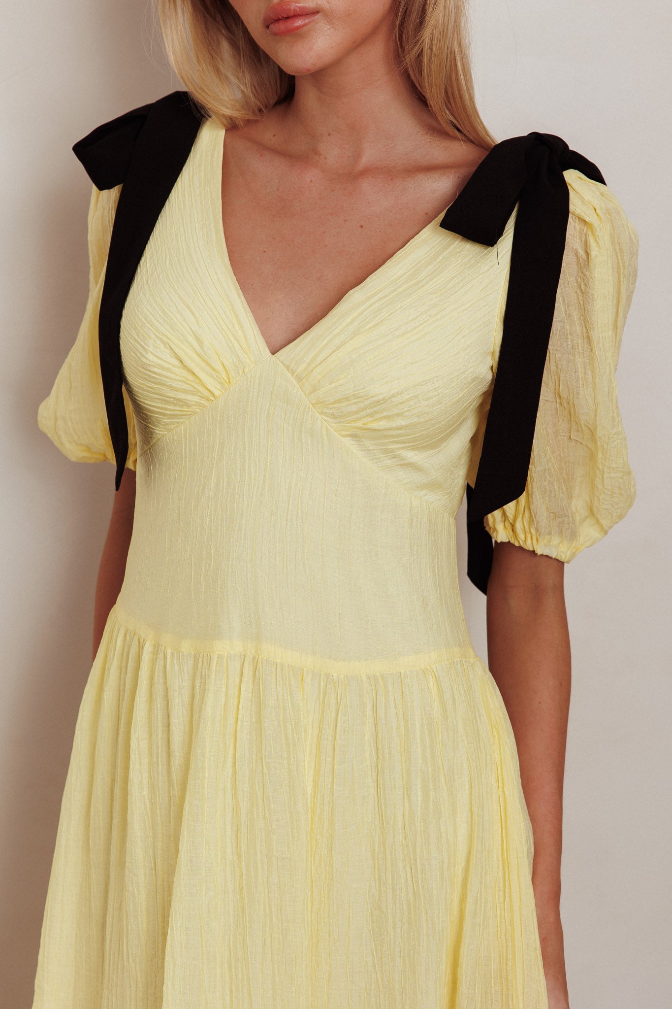 Sinta Bow Shoulder Puff Sleeve Maxi Dress Lemon