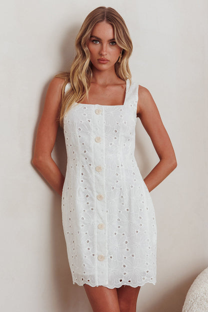 Villanelle Faux Button Placket Eyelet Mini Dress White