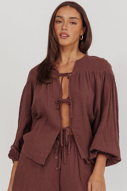 Salty Sea Tie Front Blouse Top Chocolate