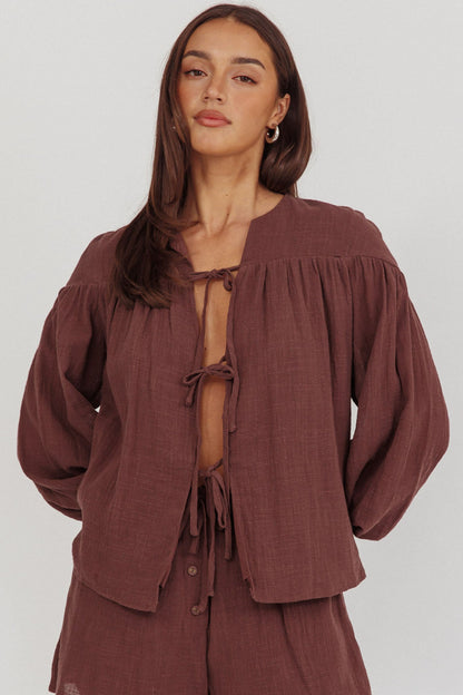 Salty Sea Tie Front Blouse Top Chocolate