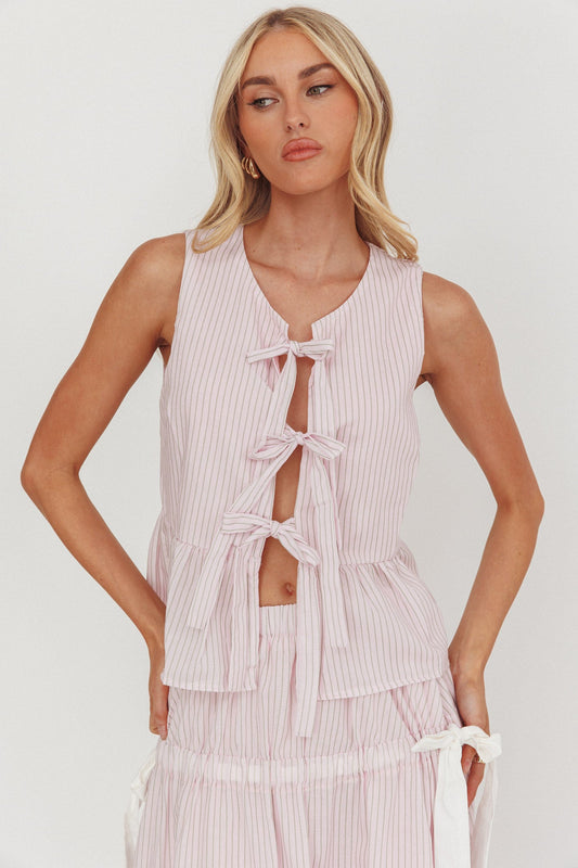 Salty Sea Tie Front Sleeveless Top Stripe Blush