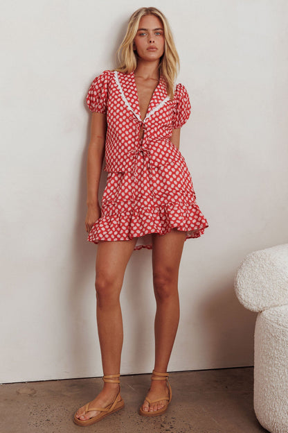 Danessa Frill Hem Pintuck Skirt Floral Red