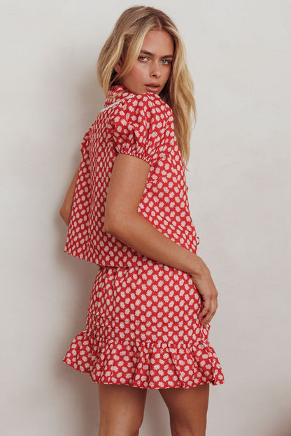 Danessa Frill Hem Pintuck Skirt Floral Red