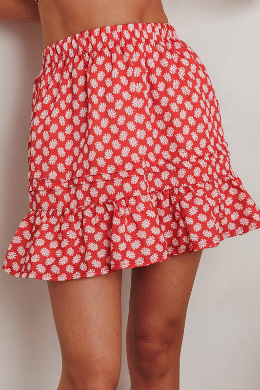 Danessa Frill Hem Pintuck Skirt Floral Red