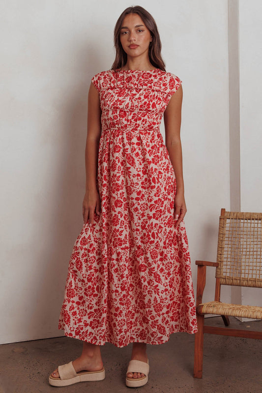 Called Out Gathered Bodice Maxi Dress Floral Red