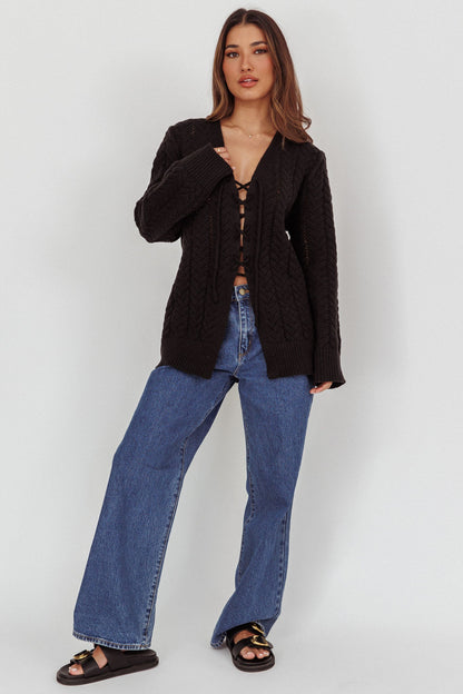 Seattle Lace-Up Front Knit Top Black