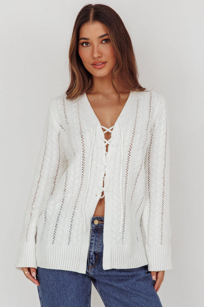 Seattle Lace-Up Front Knit Top White
