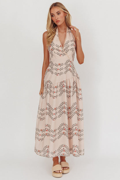 Saint Malo Halterneck Maxi Dress Floral Beige
