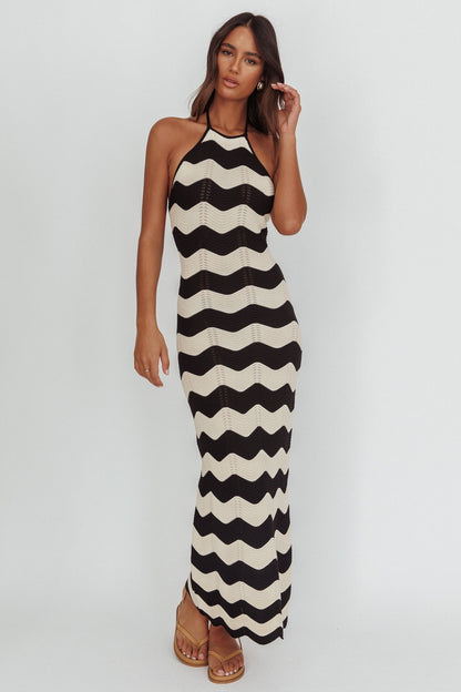 Yelena Halter Neck Knit  Maxi Dress Zig-Zag Cream