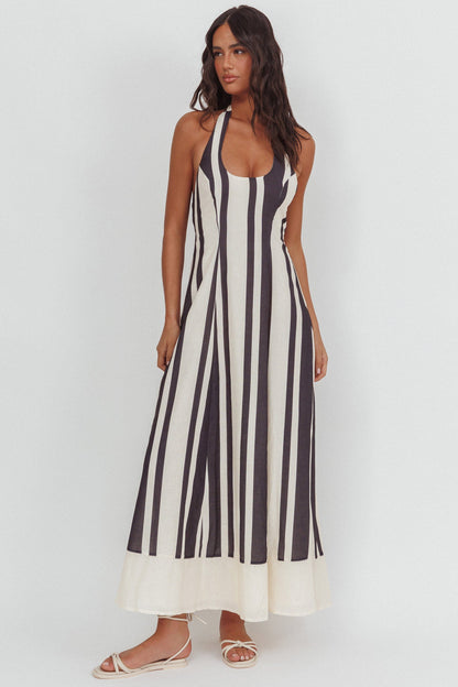 Florie Scoop Neck Halter Maxi Dress Stripe Black