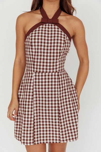 Lady Bow Halterneck Mini Dress Plaid Brown