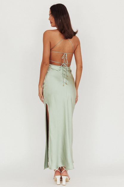 Dolce Life Backless Satin Maxi Dress Sage