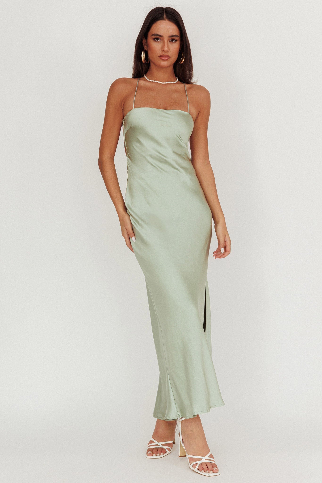 Dolce Life Backless Satin Maxi Dress Sage
