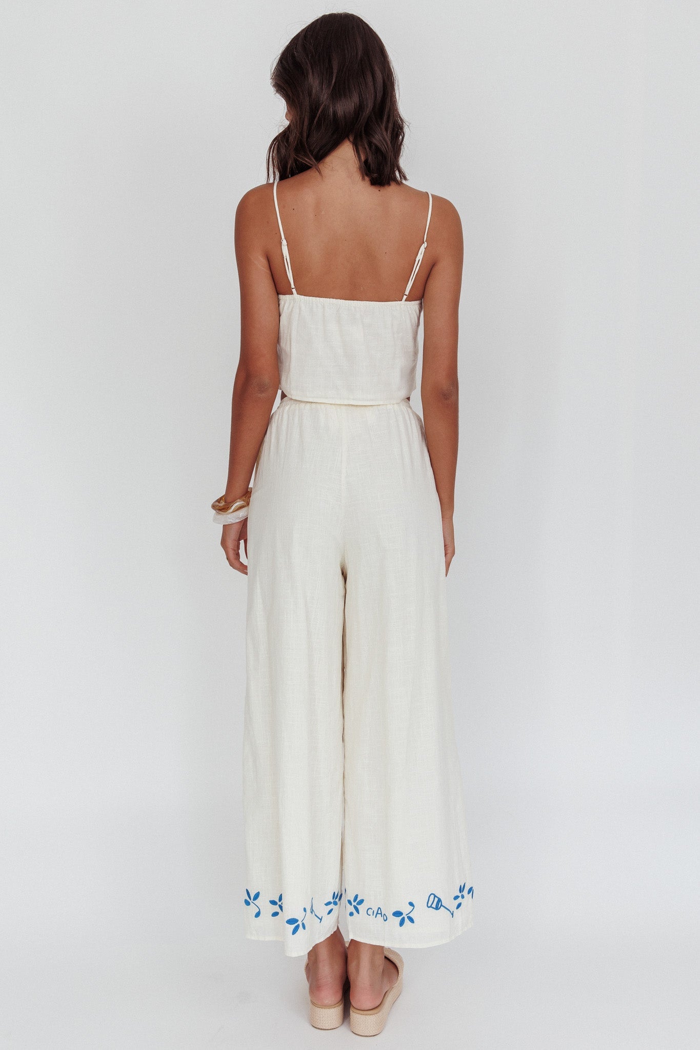 Sorrento Summer Embroidered Wide-Leg Pants Beige