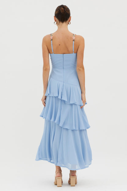 Rose Garden Tiered Ruffle Floral Trim Dress Blue