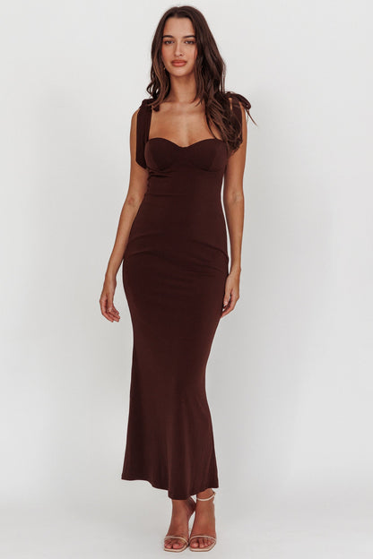 Rose Garden Tied Shoulder Maxi Dress Brown