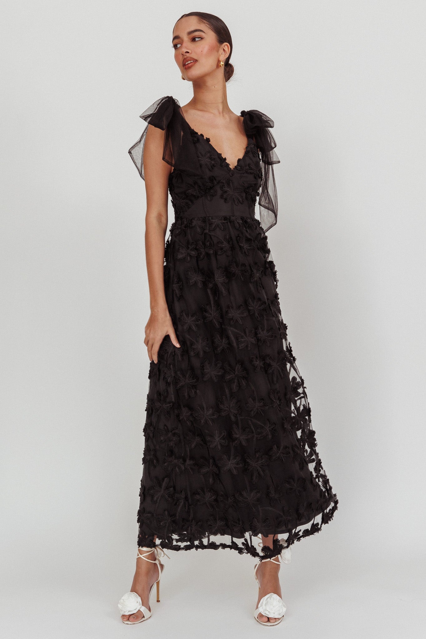 Mykonos Morning Tied Shoulder Tree Maxi Dress Black