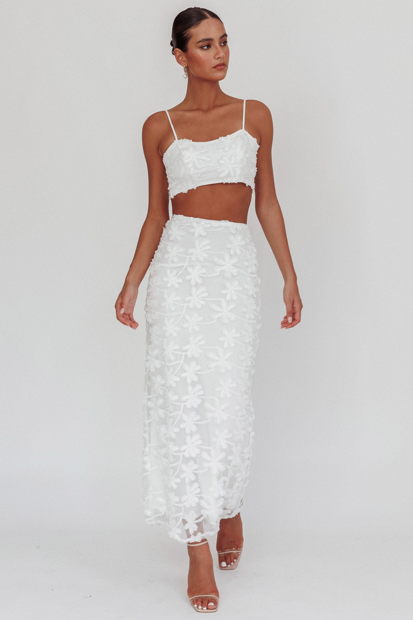 Casi Tied Back Crop Top Embroidered White