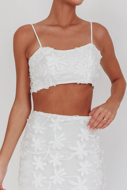 Casi Tied Back Crop Top Embroidered White