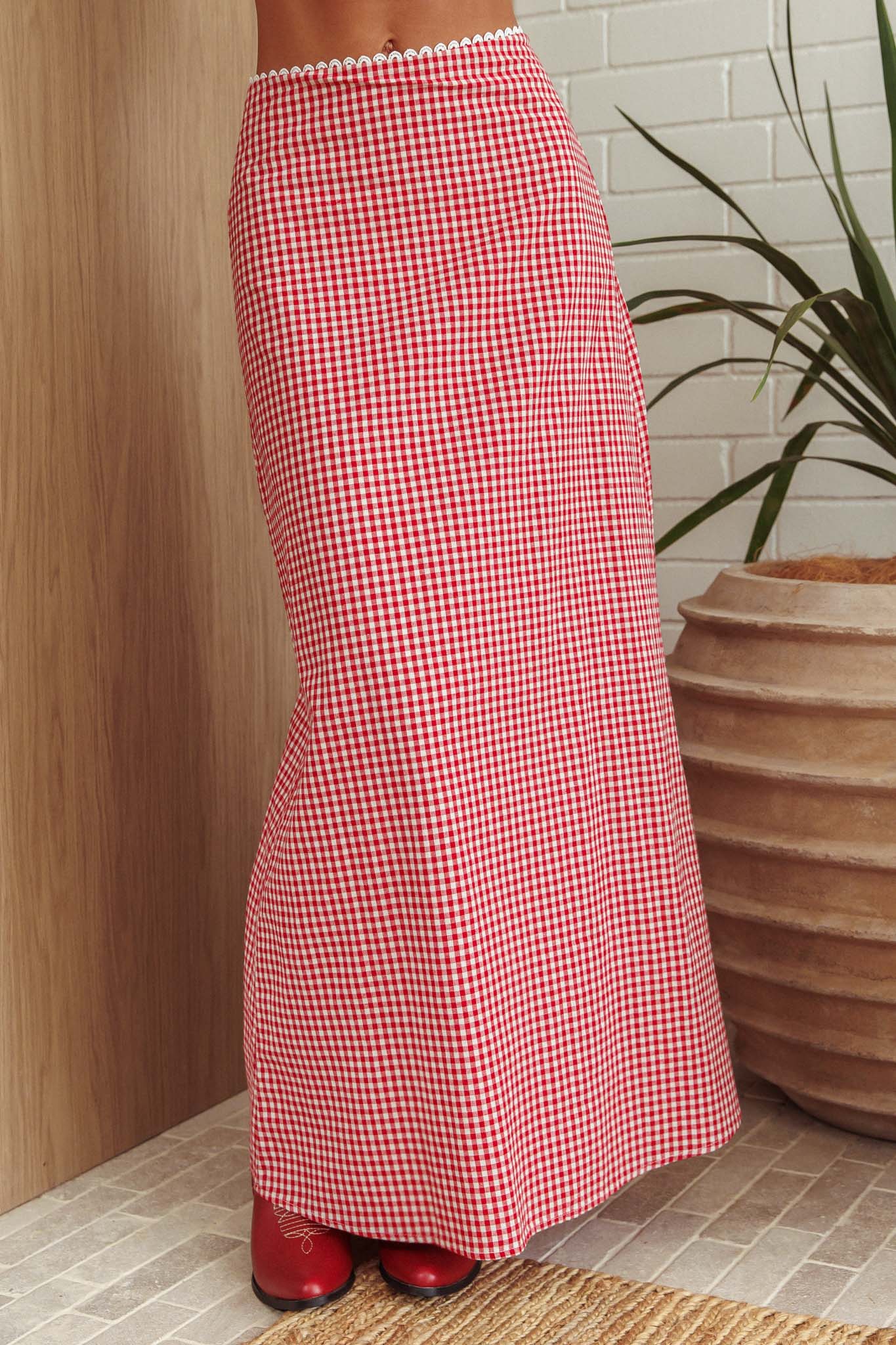 Summer Cottage Lace Trim Maxi Skirt Red Check