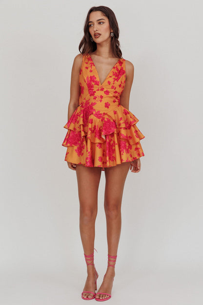 Like Me V-Neck Tied Back Floral Romper Orange