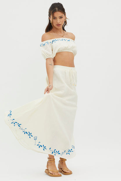 Ritual Embroidered Hem Midi Skirt Beige