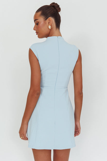 Thandi Pleat Shoulder Faux Pocket Mini Dress Steel Blue