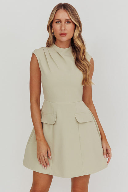 Thandi Pleat Shoulder Faux Pocket Mini Dress Sage