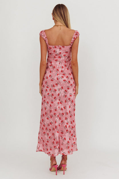 Femme Belle Ribbon Trim Maxi Dress Floral Pink