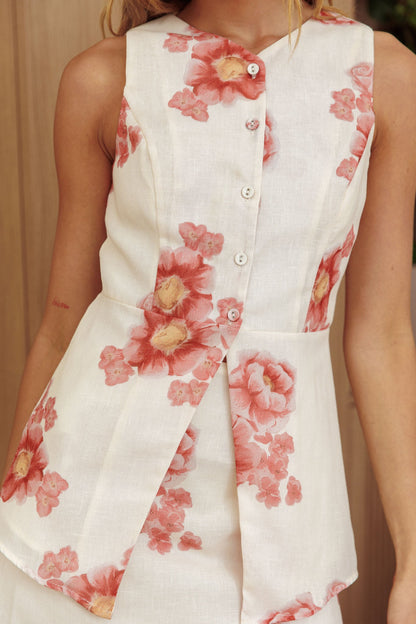 Sunlit Grove Button Front Top Floral Cream/Red